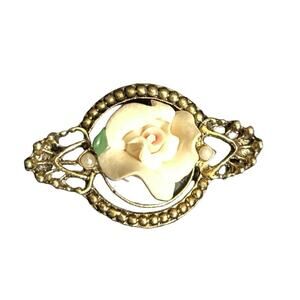 Art Deco Gold 1928 Pink Rose Porcelain Brooch Pin Vintage Costume Jewlery